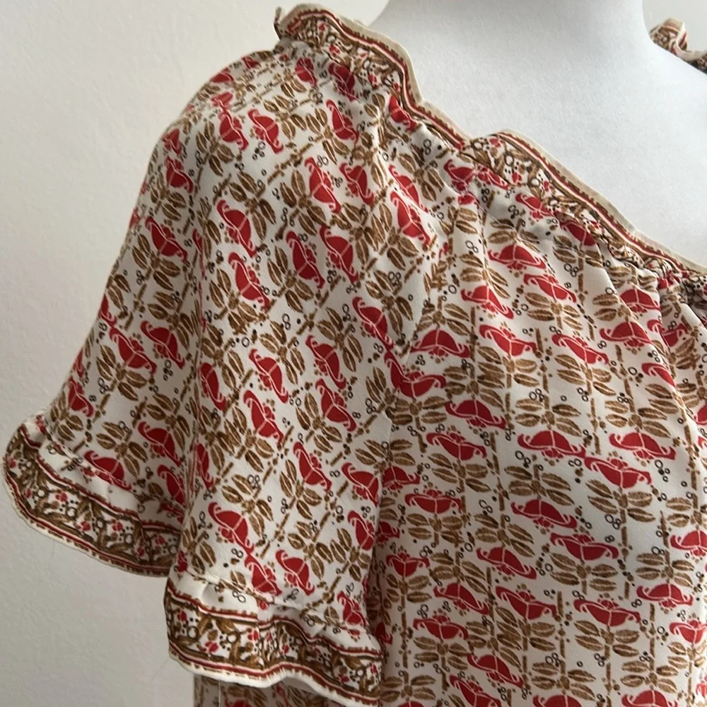 New! Max Studio Boho Floral Patterned Tie Neck Ruffle Cap Sleeve Blouse Medium - Picture 3 of 8